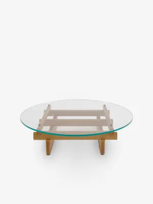 564 Sengu Round Coffee Table by with Clear Glass Top and Natural Oak Base Cassina