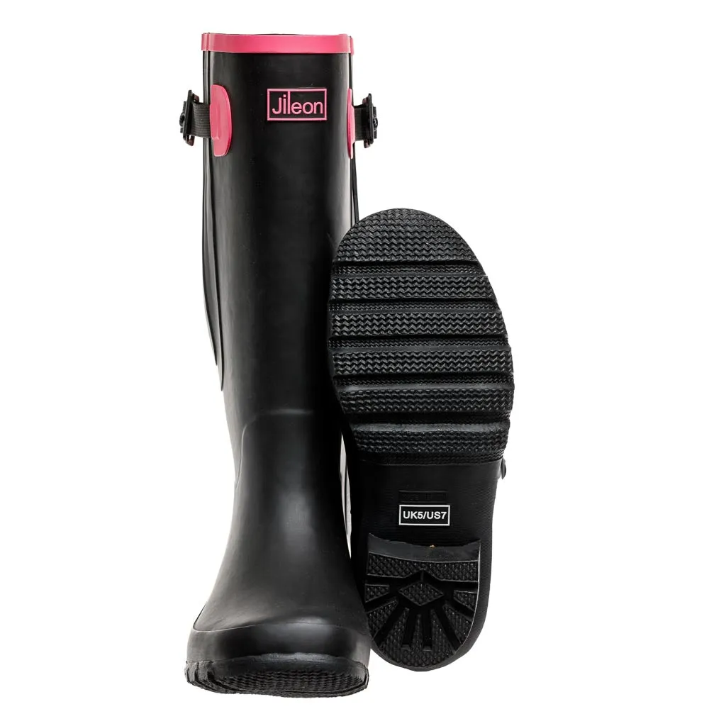 Extra Wide Calf Womens' Rain Boots - Black with Pink Trim - 16-23 Inch Calf - Wide in Foot & Ankle