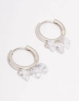 Rhodium Cubic Zirconia Triple Round Huggie Hoop Earrings